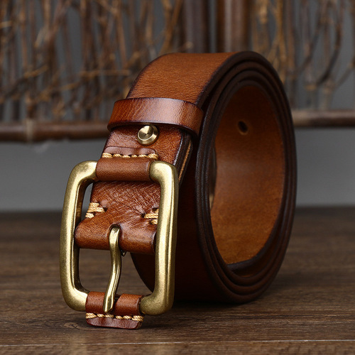 Men's Korean-style minimalist fashion belt: Vintage copper-buckle design, crafted from premium full-grain genuine leather with an aged finish—perfect for trendy denim workwear-inspired jeans!