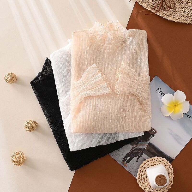 High-Neck Lace Bottoming Shirt for Women, Autumn and Winter Style, Long-Sleeved New Style Shirt, Polka-Dot Mesh Top