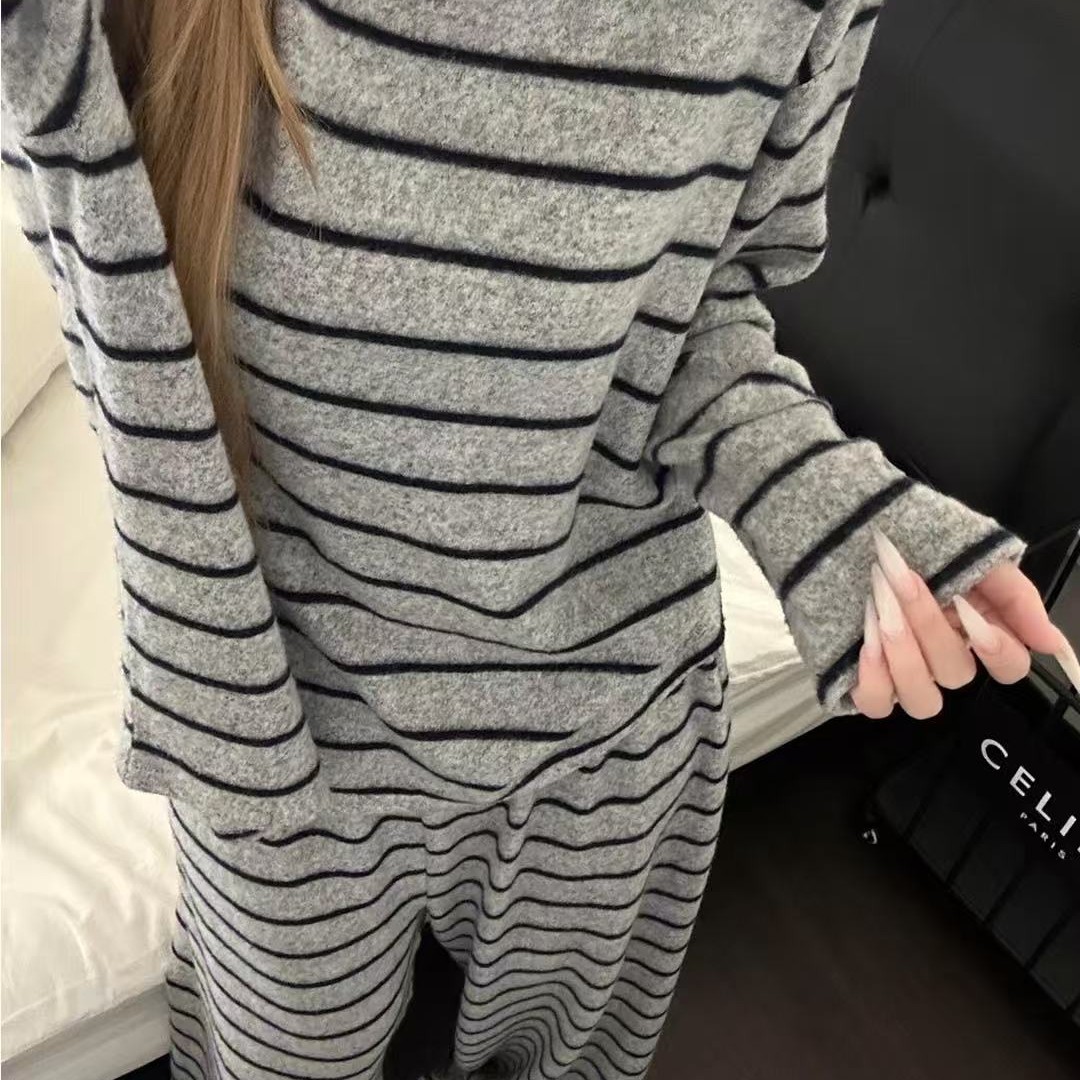 Pigiama a righe semplice, a blocchi di colore, in velluto termico, per donna, autunno inverno, stile coreano, nuovo, caldo_voghion.com