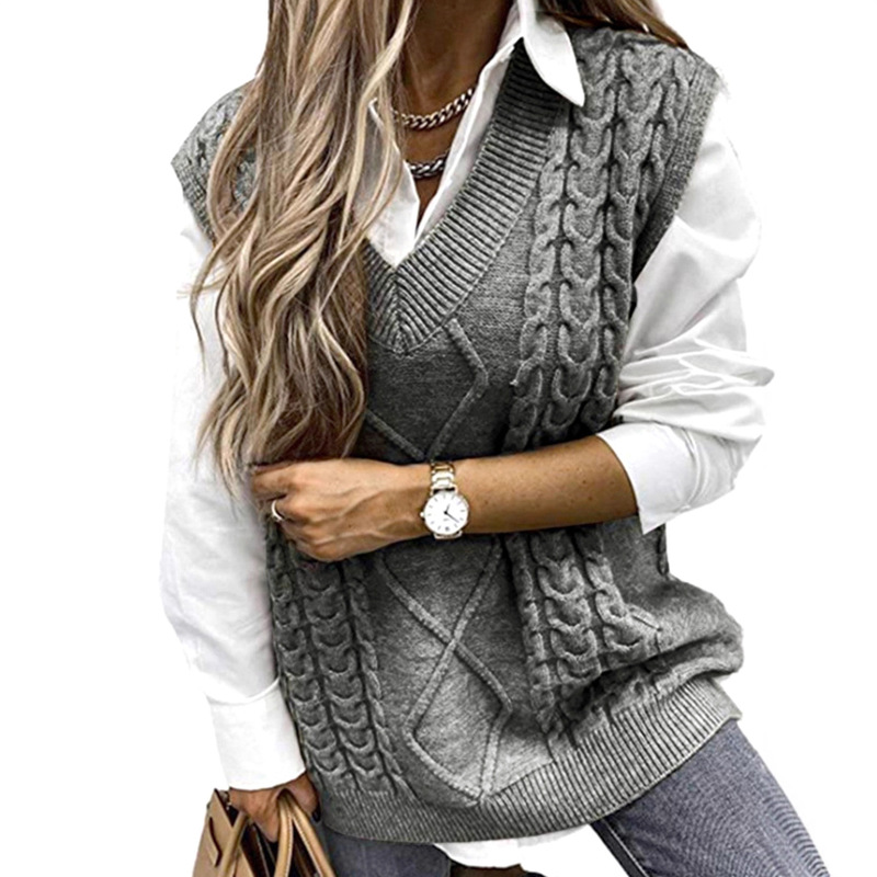 Foreign Trade Cross-Border European and American Amazon Source Manufacturer Sweater Vest Women's Vest Clip V-Neck Sleeveless Twist Sweater