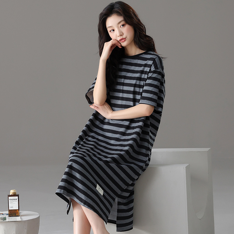 Pure Cotton Nightgown Women's Summer Pajamas Skirt Summer 100 Cotton Short-Sleeved Thin Stripesd Casual Mid-Skirt That Can Be Worn Outside