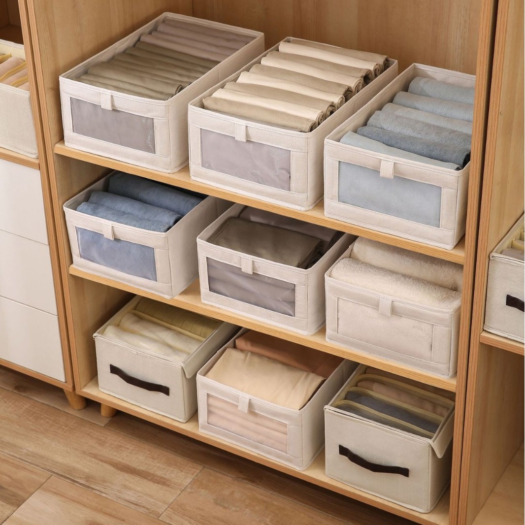 Fabric Cotton and Linen Storage Box with Visible Mesh, Clothing Organizer, Home Wardrobe Japanese-Style Organizing Box