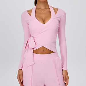 AYM043990 Textured V-Neck Long Sleeve Yoga Top with Tie Detail Aoyema wholesale