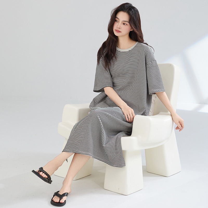 Pijama de verano de algodón de mangas cortas pijama de vestido largo bifurcado ropa de hogar suelta a rayas de gran tamaño se puede usar fuera