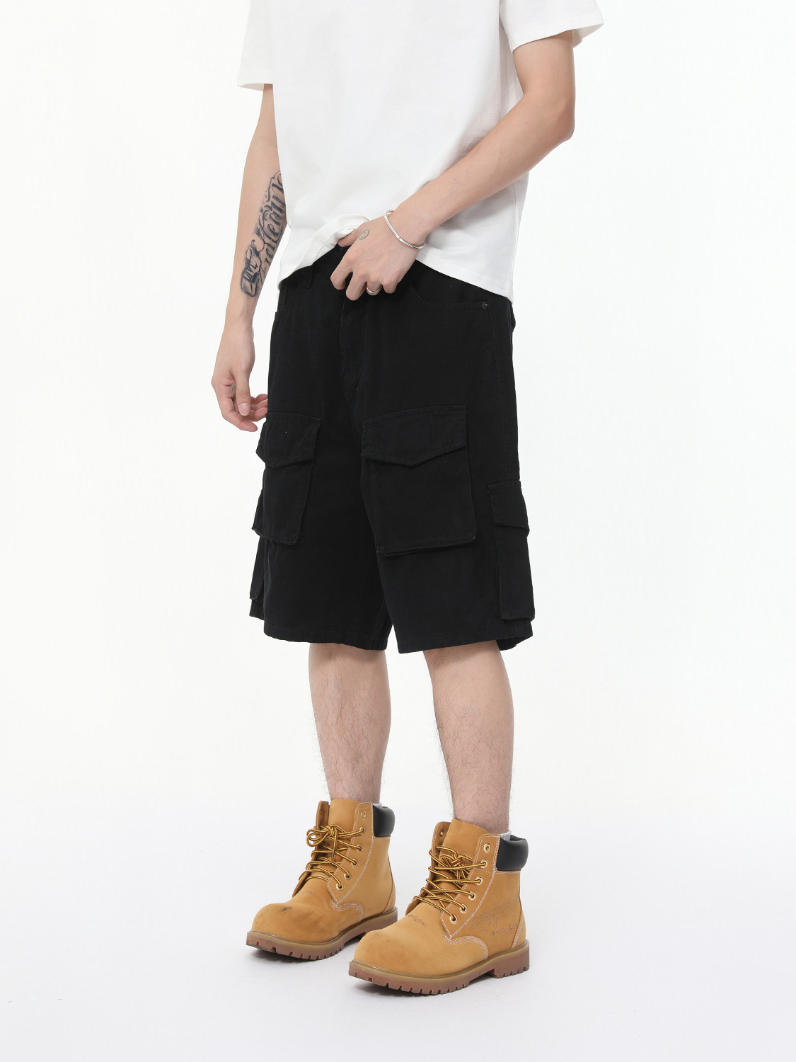 MTLCLOTHES para hombre | Pantalones cortos de mezclilla de algodón americano con múltiples bolsillos pantalones sueltos casuales de cinco puntos