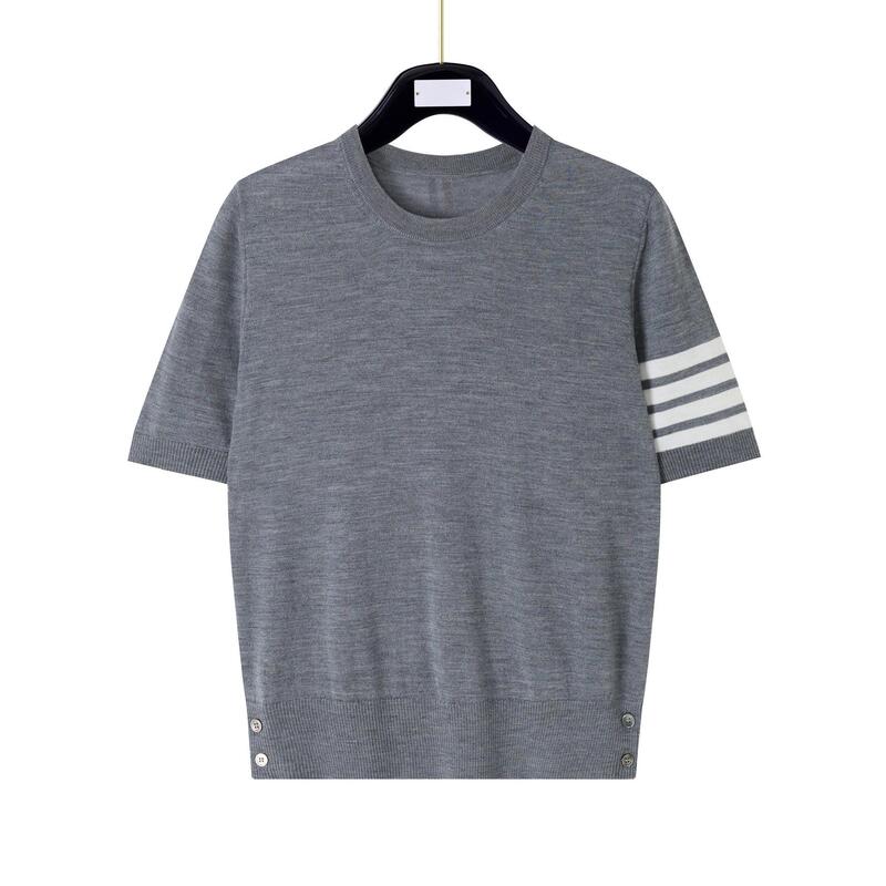 Tb's New Spring and Summer Women's Four-Bar Thin Wool Knitted Round-Neck Short-Sleeved Fashionable Casual Merino T-Shirt