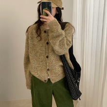 韩系温柔风彩纱圆领毛衣外套女秋冬新款宽松百搭软糯针织开衫上衣