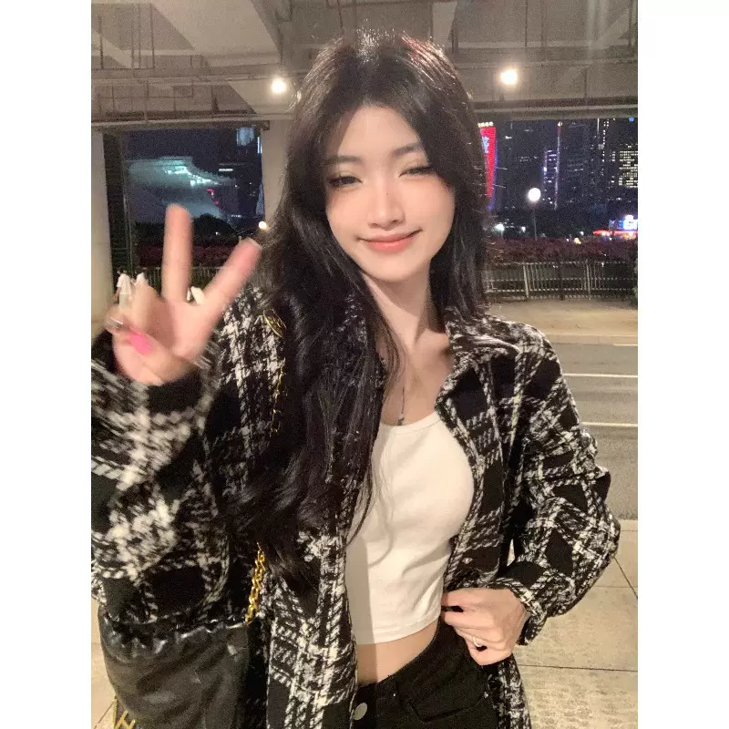 格纹夹克毛呢外套女秋冬2023新款美式复古风街头棒球服高级感上衣