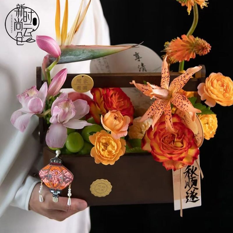 中秋新品鲜花束插花盒手提木盒花艺礼物包装花店材料竹编圆形提篮|undefined