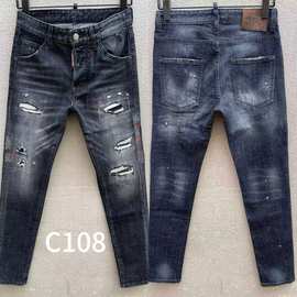 C108油漆喷墨D2潮牌牛仔裤美式跨境男牛仔长裤欧洲站休闲百搭直筒