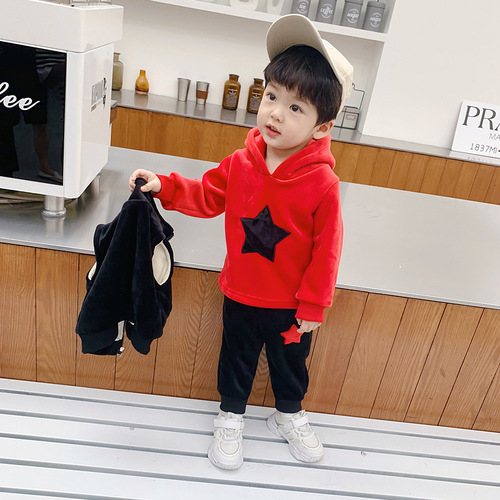 Boys' autumn and winter suit, handsome infant and toddler velvet hooded three-piece set for 0-3-5 year old baby winter children's clothes 1