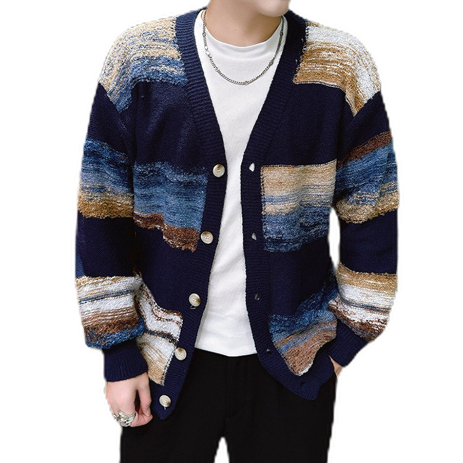 Explosiones transfronterizas de tamaño europeo suéter de jersey de punto de tamaño grande hombre gradiente cardigán chaqueta gran V fábrica de marea al por mayor