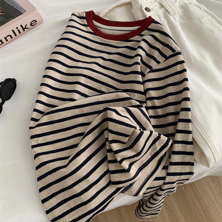 (2개) 컬러 매칭 라운드 넥 스트라이프 티셔츠 여성 패셔너블 레트로 눈송이 코튼 스트라이프 탑 초가을 한국 스타일 올매치베이스 셔츠 트렌디