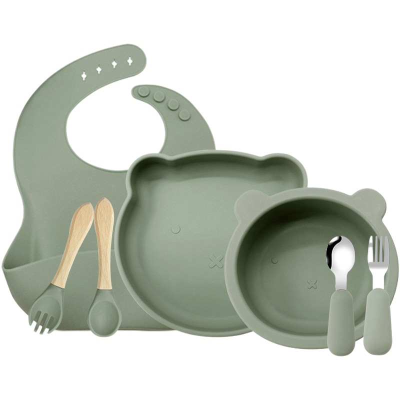 Oso vajilla traje de silicona para niños vajilla alimentación complementaria suministros para bebés 316 tenedor cuchara vajilla de grado alimenticio Tazón