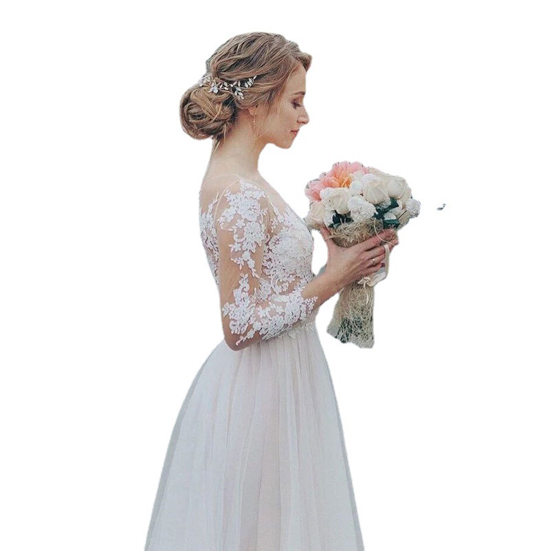Europa y América del Comercio Exterior Amazon AliExpress deseo nuevo cuello redondo vestido de novia encaje apliques manga larga elegante encargo