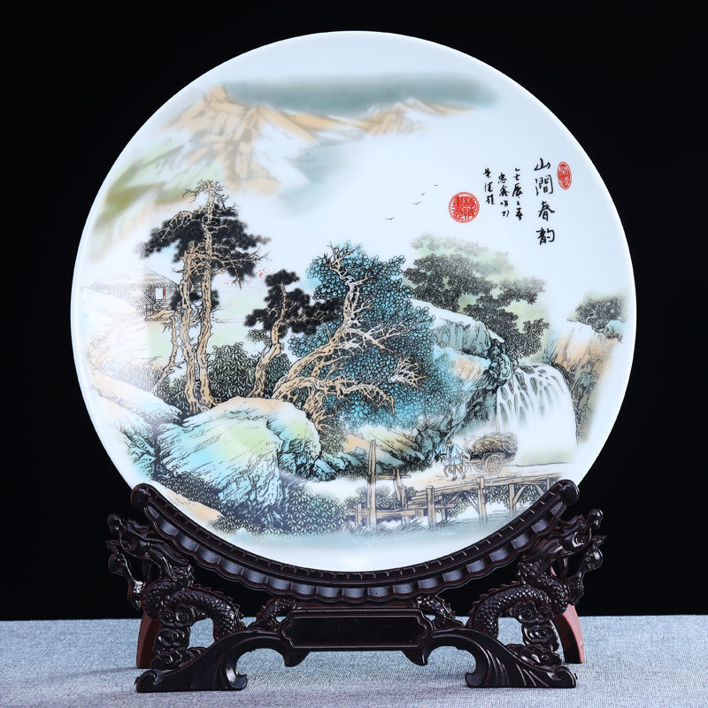 JINGDEZHEN 세라믹 장식 앉아 플레이트 장식품 중국 스타일 파스텔 공예 보석 집 거실 복도 장식 교수형 플레이트