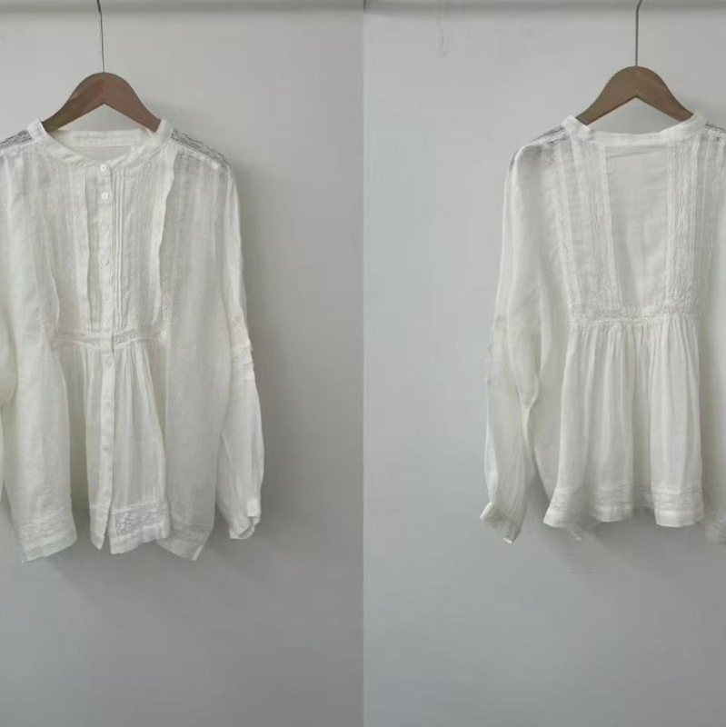 2026 Spring New Women's Round Neck Japanese-Style Ramie Shirt Loose Blouse Top Lace Retro Artistic Style Ins