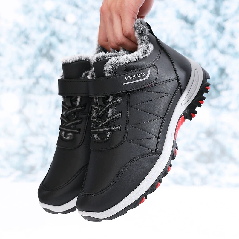 Кросс-бордерные экспортные мужские зимние теплые снежные ботинки большого размера из кожи и хлопка, нескользящие, удобные, с утолщенным вельветовым утеплителем.