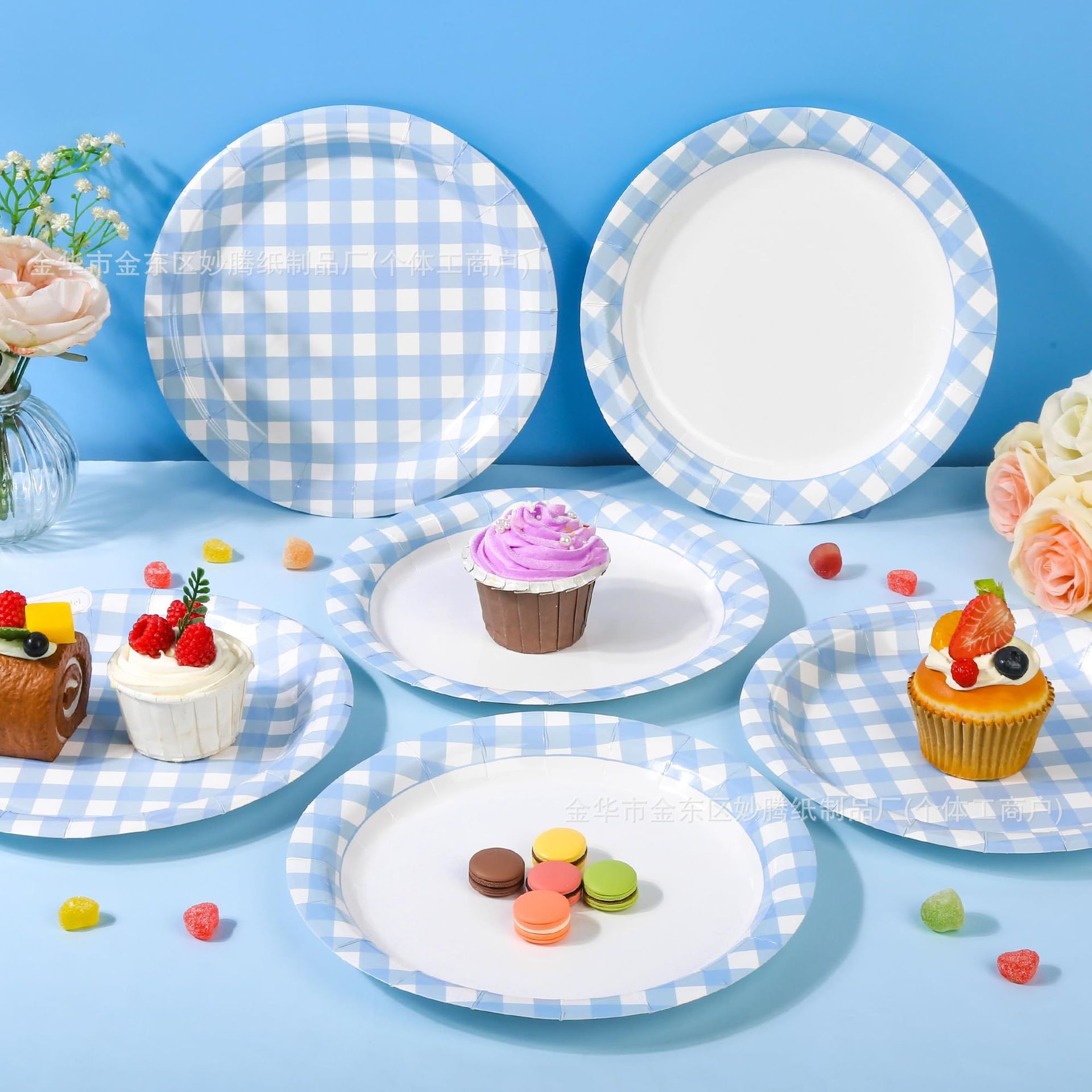 Plato de papel desechable transfronterizo Plato de encaje a rayas azules Plato de encaje de fiestas Fiestas Set de cubiertos desechables