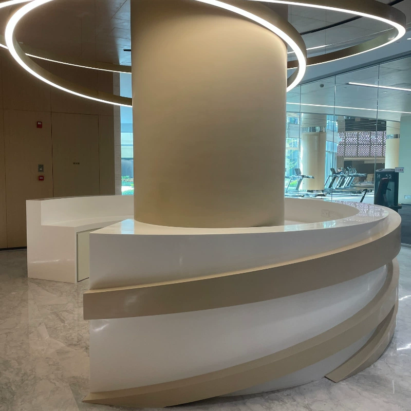 Импортный искусственный камень DuPont Corian, круглый стойка регистрации, гостиничное офисное здание, вестибюль, модная светопропускающая двойная стойка регистрации