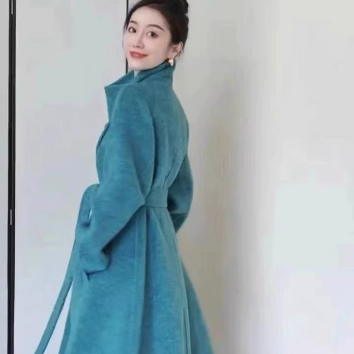 Lanyu Bay шерстяное длинное пальто синего цвета элегантный классический плащ зимнее двустороннее шерстяное пальто