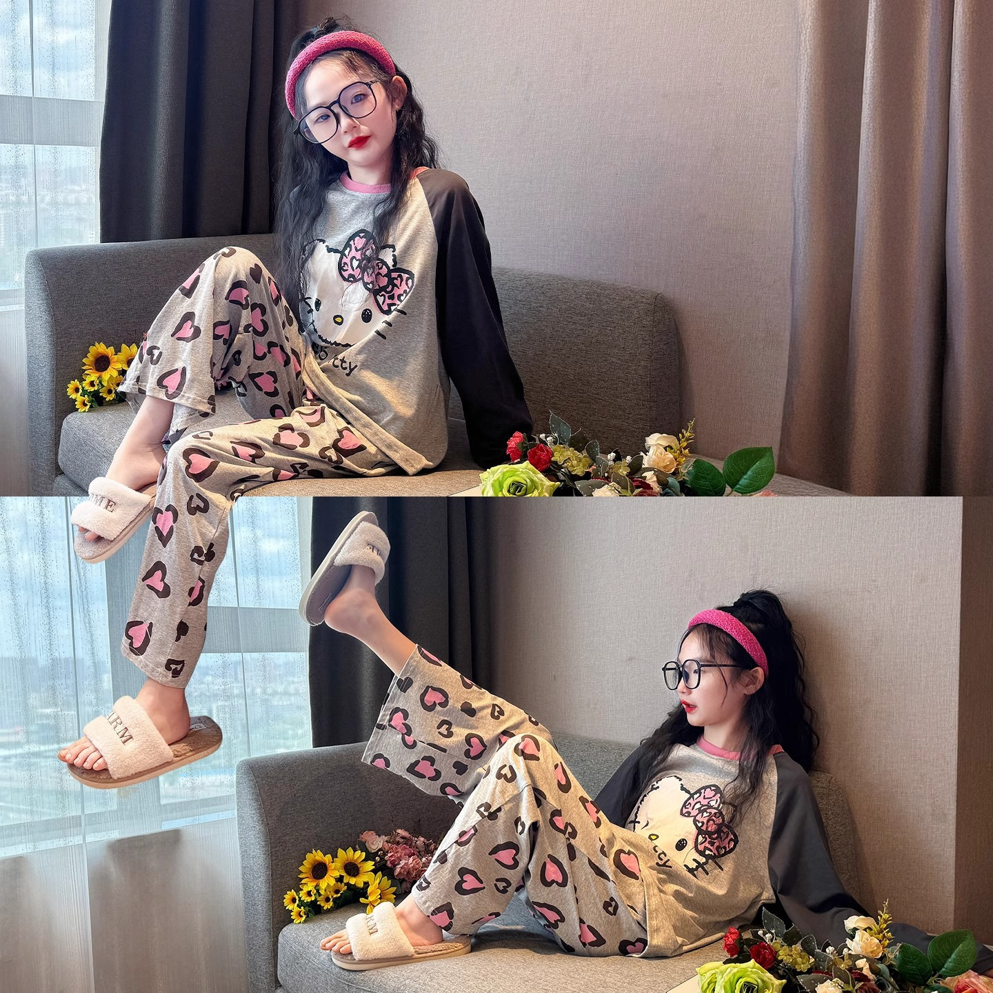 Hellokitty Kidsren's Pajamas Girls Spring and Autum New Long-Sleeved Thin Girls' Home Clothes Set