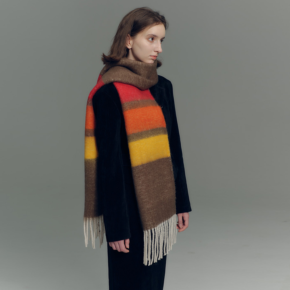 Designer-Schal mit Fransen aus Kaschmirimitat in Regenbogenfarben mit passenden Streifen für Damen im Herbst-/Winter-Stil mit weichem, verlängertem Halsausschnitt_voghion.com