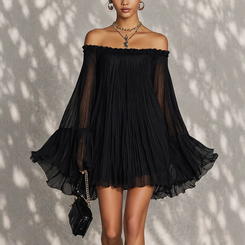 2026 Summer New Amazon Independent Site Black One-Shoulder Backless Pleated Lantern Sleeve Mini Fashion Dress