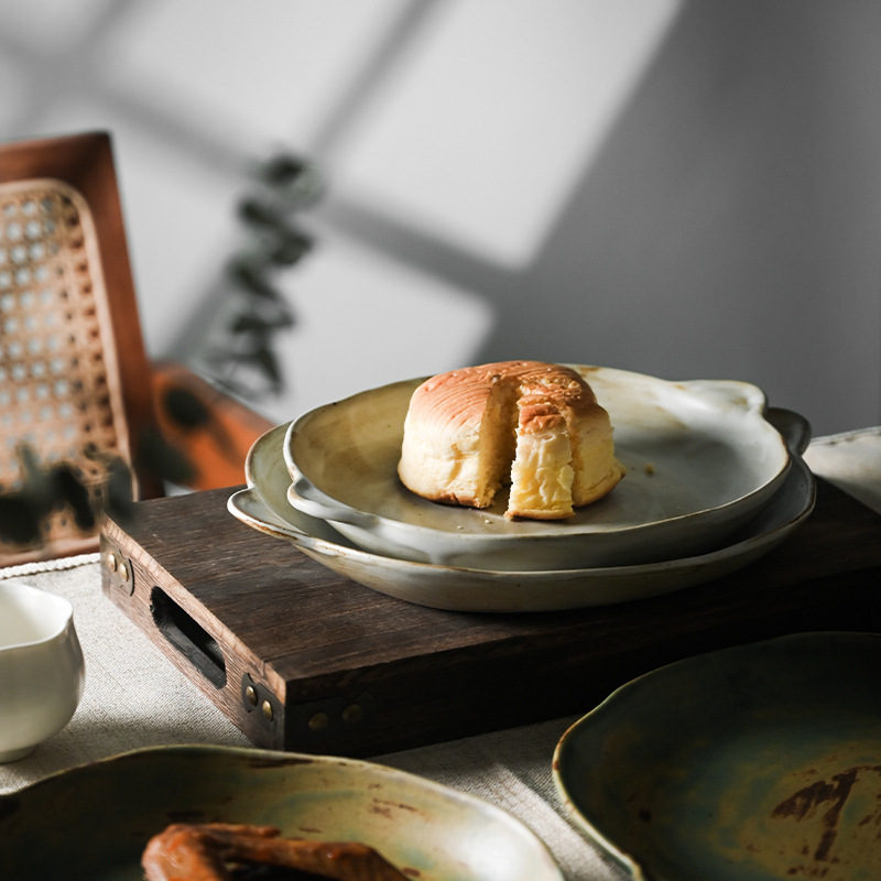 蒔繪金繕2024新款復古粗陶雙耳菜盤家用手工景德鎮餐具平盤子菜碟