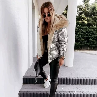 跨境外贸欧美冬季休闲时尚保暖女装修身纯色亮面拉链内胆毛领棉服