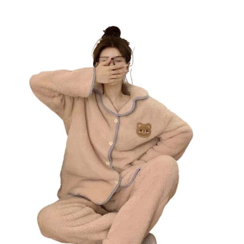 잠옷 여성의 가을과 겨울 칼라 산호 양털 따뜻한 플란넬 보우 포켓 느슨한 캐주얼 홈 의류 세트