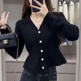 定做定制针织开衫女装秋冬新款短款纯色V领收腰显瘦小香风毛衣