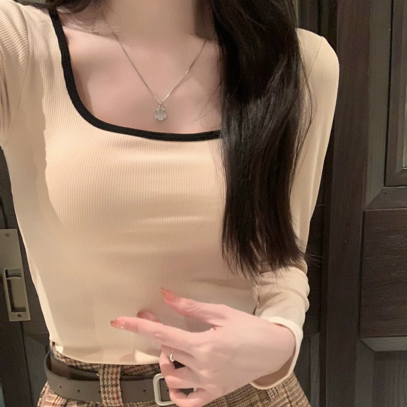 Утолщенная Приталенная футболка с длинными рукавами, с начесом, с квадратной ключицей, женский зимний теплый топ с подкладкой на груди, внутренняя Базовая рубашка