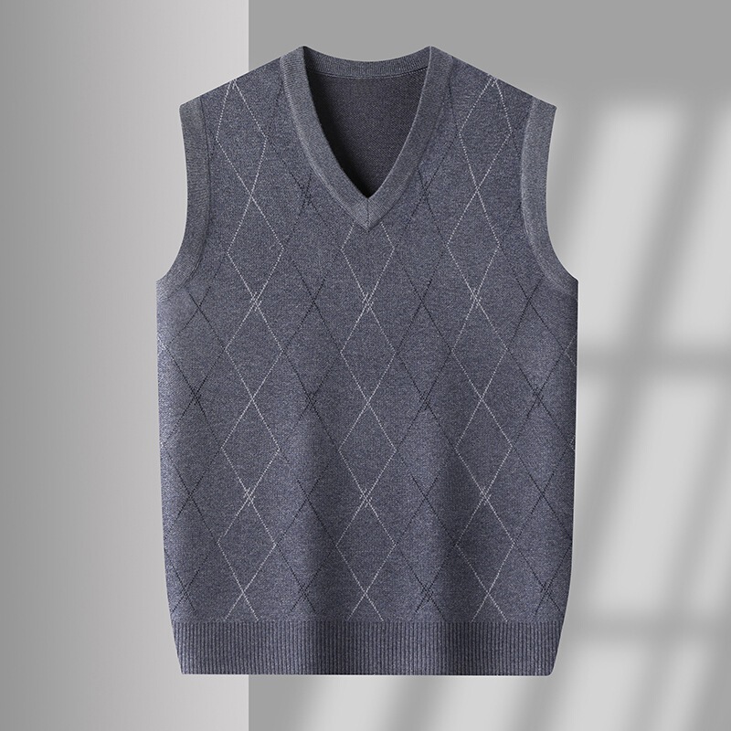 2026 Spring and Autumn V-Neck Sweater Vest for Men with Diamond Pattern and Wool Blend, Business Men's Knitwear Vest