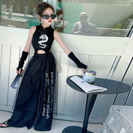 女童中国风服装古典爵士舞背心2025新款时髦走秀舞蹈潮服黑色演出