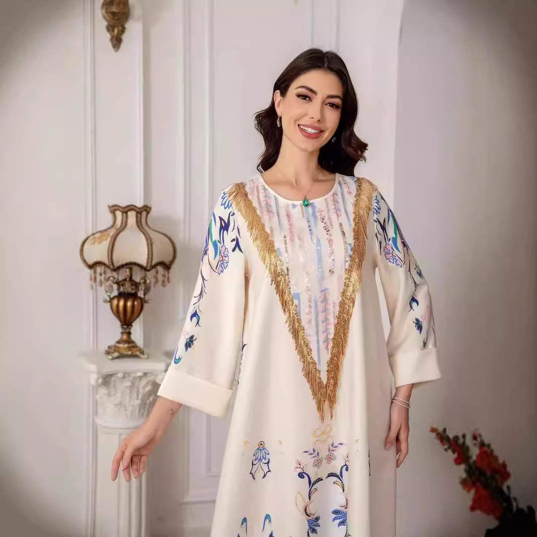 SW0811 Middle East Muslim Women's Long Robe European And American Cross-Border Printed Evening Abaya Dress_ecoleips.com