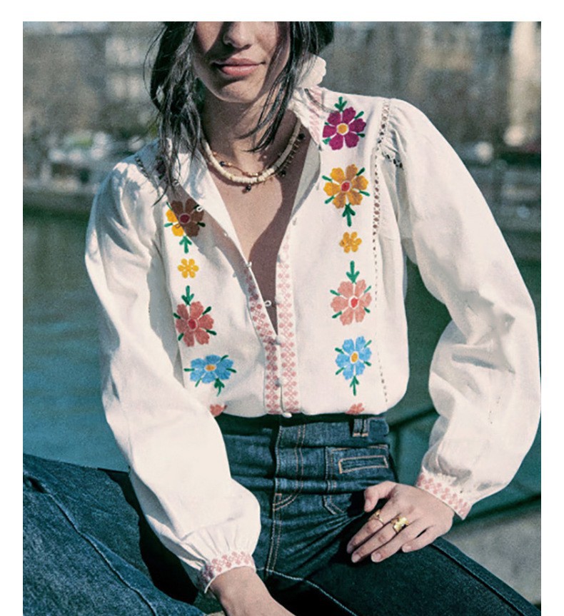 Europa y América primavera y otoño nueva industria pesada bordada V-collar francés camisa de manga larga mujer bohemia chaqueta suelta image 10