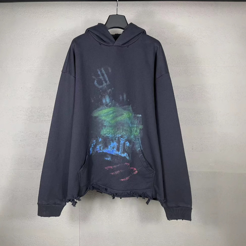 High Version Paris 2025 New B Brand Fuzzy Pattern Washed Distressed Frayed Hem Hooded Sweatshirt Trendy