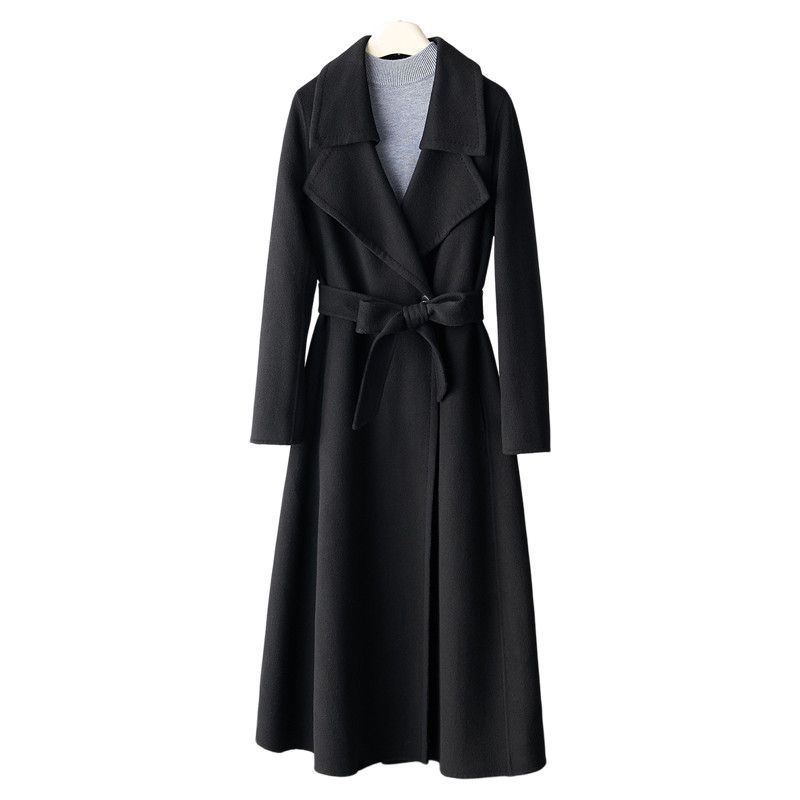 Women's Double-Faced Wool Coat With 30% Cashmere, Belted Trench Style, Elegant Long Coat For Autumn Winter, Pure Color, Office & Casual Wear_voghion.com