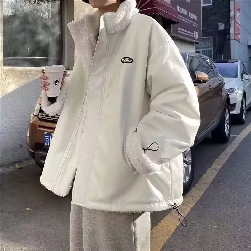 (2개) 가을과 겨울 양면 패딩 재킷 남성 패션 브랜드 느슨한 양고기 양털 코트 기모 두꺼운 따뜻한면 패딩 코트