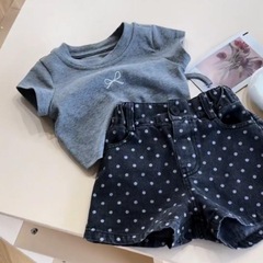 韩国洋气时髦女童夏装套装2025新款儿童休闲短袖t恤波点牛仔耐用