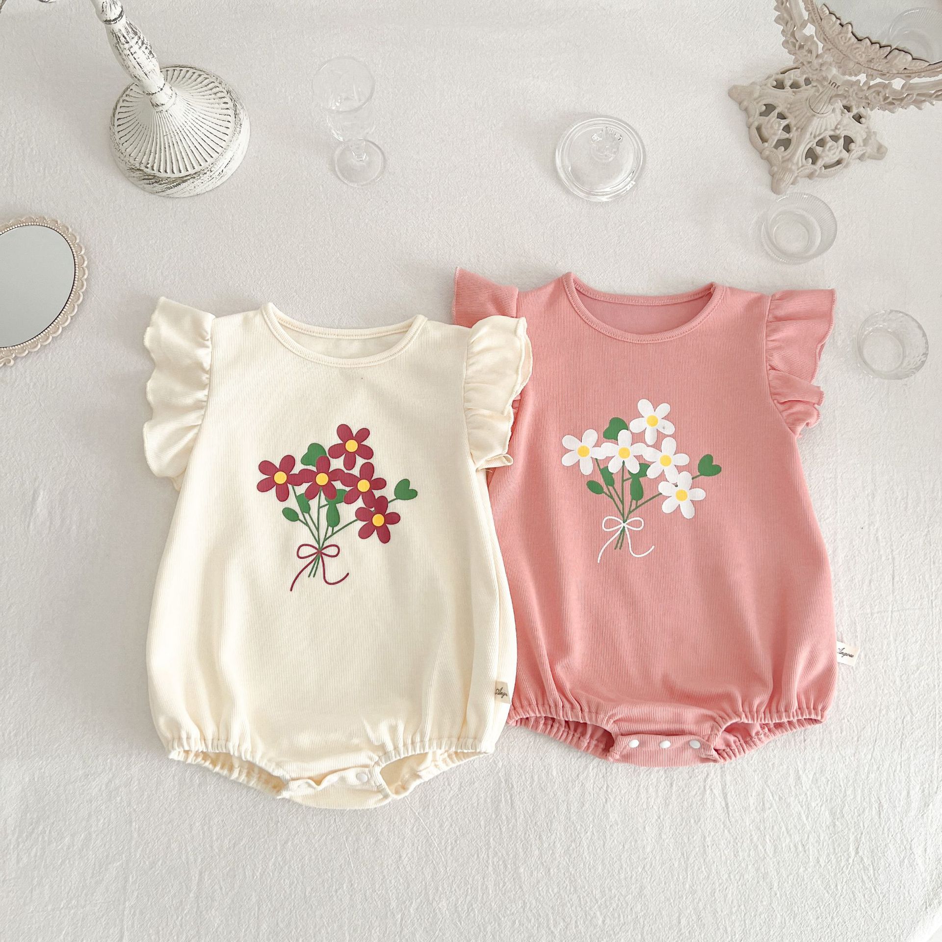 2023 New Infant and Toddler Summer Thin Coveralls Baby Girl Korean Jumpsuit Western Style Flying Sleeves Flower Harness