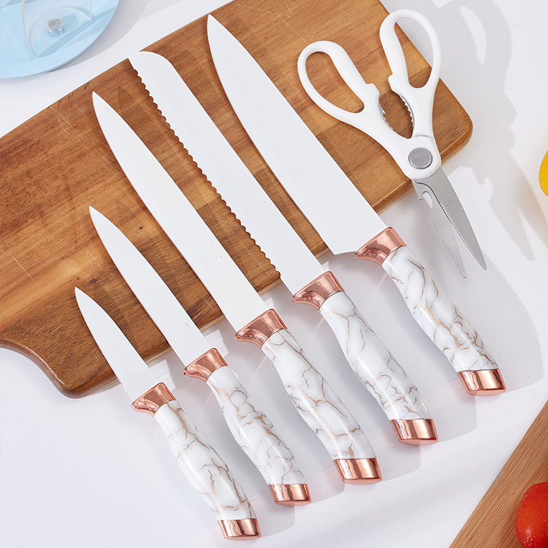 Juego de caja de regalo de mango de cabezal de doble galvanoplastia de patrón de mármol de 6 piezas de cuchillos de debut de punto de comercio exterior