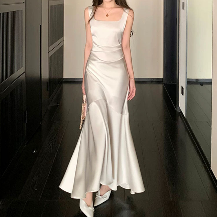 White Satin Suspender Dress for Women, Summer Fishtail Long Engagement Party Dress