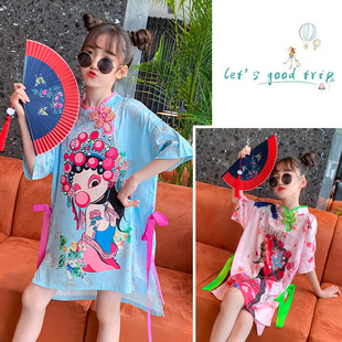 Summer girls' cheongsam new national fashion ribbon cartoon Chinese style hanfu medium and large children's clothing buckle mid-length top