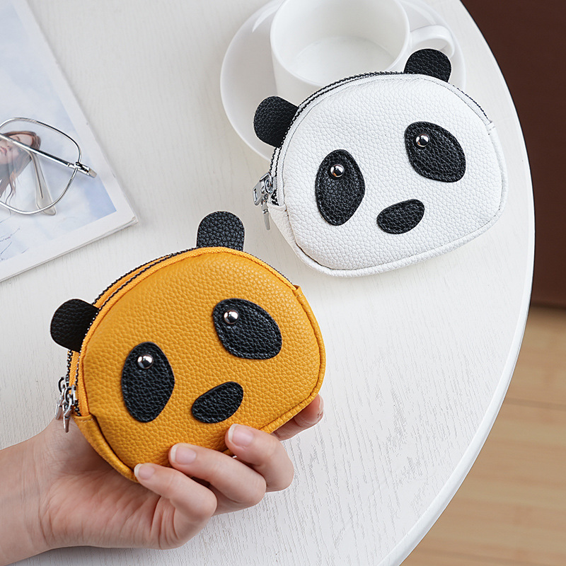 Cute panda pequeño bolso de cambio de cuero suave doble cremallera cabeza de monedas de cuero suave multifunción bolso de llaves para mujeres