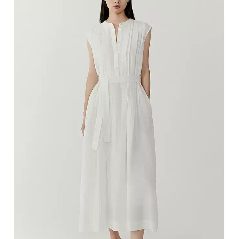 [Il Order] Women's 2026 Summer New Style Plain Fabric Dress Round Neck Sleeveless Waist-Cinching Slimming Long Dress