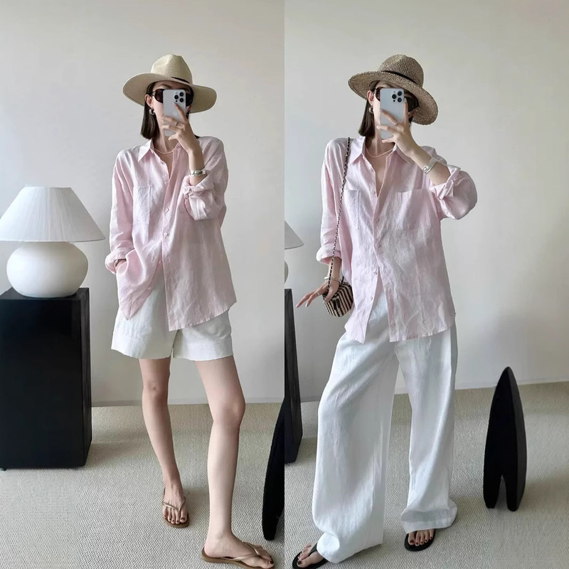 French Style Lazy Old Money Style Pink Cotton Linen Shirt Women's Summer Outerwear Linen Shirt Coat Tulle Sunscreen Top