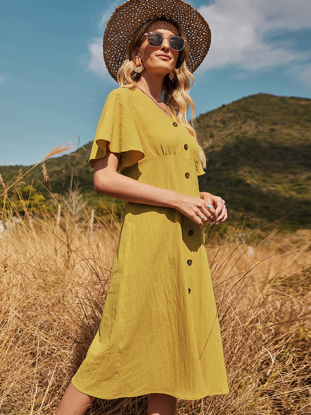 V-neck lotus leaf sleeve cotton yellow long dress NSDF51533