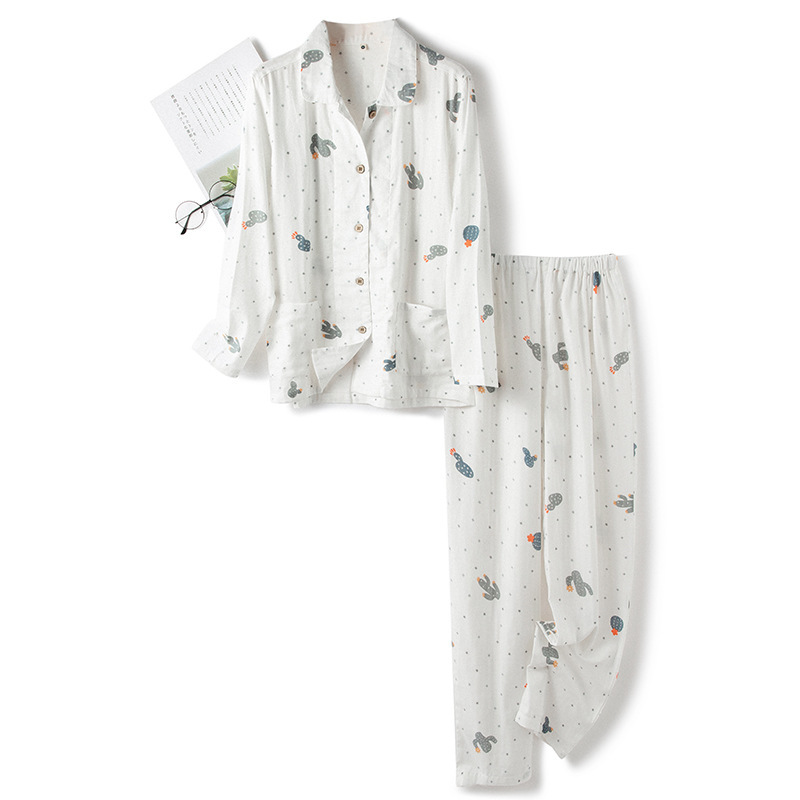 特价春夏纯棉双层纱布仙人掌女士长袖长裤睡衣 家居服套装 批发发